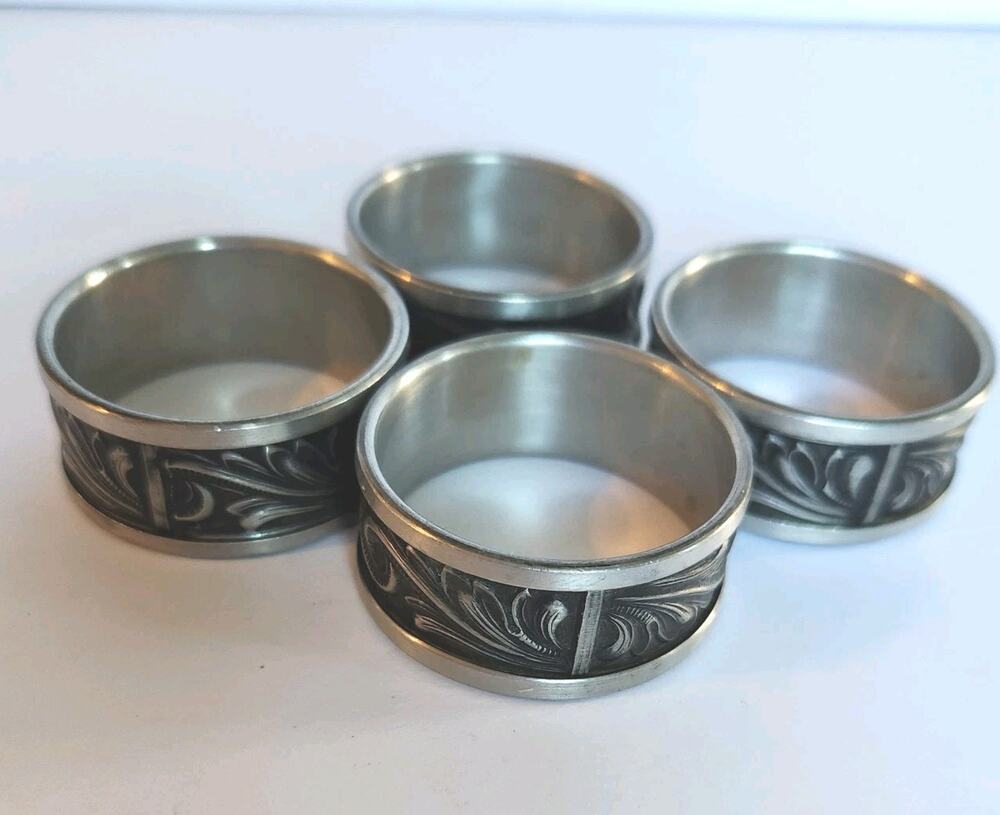 4 Vintage Norwegian Pewter Tinn Napkin Rings Etched Scroll Classic Scandinavian
